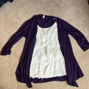 White lace tank top with purple 3/4 sleeve cardigan set size small